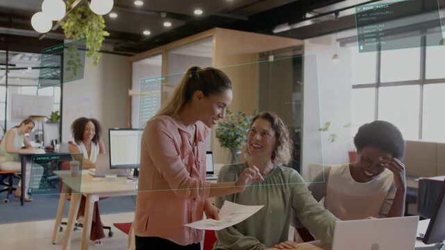Standing woman handing pages, team pointing at laptop while HUD boxes showing metrics for marketing