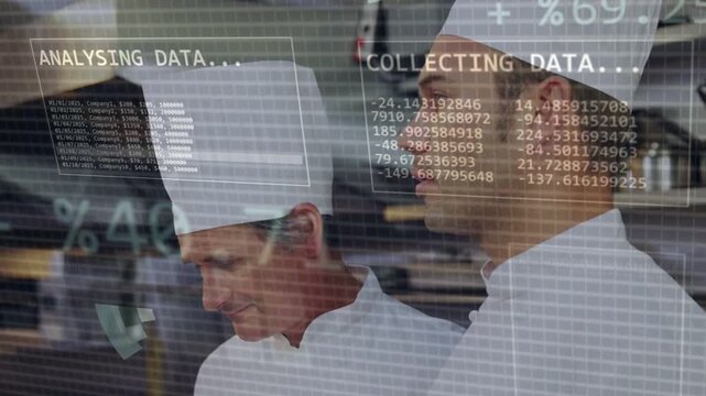 Three chefs watching kitchen as HUD charts overlaying team, gathering data optimizing workflow
