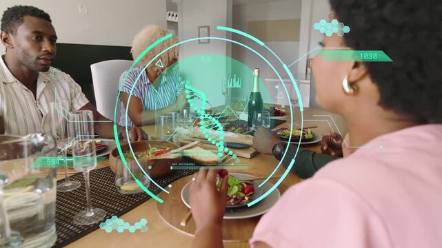 Woman in pink lifting fork eating salad, causing health HUD overlay rotating DNA helix while dining