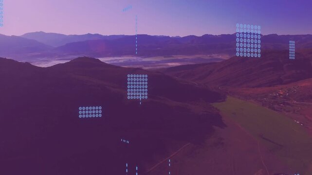 Mountain valley sweeping under purple light, mapping overlay initiating, panels clustering, fading