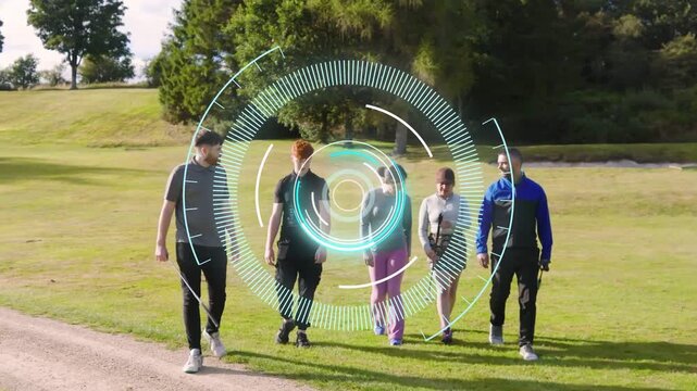 Five golfers moving under HUD across fairway, crossing gravel path while pulsing over clubs