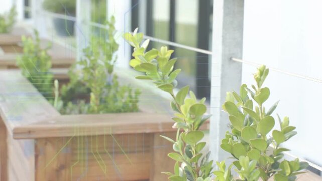 Camera pulling back and panning left on porch showing planter shrub railing window for landscaping