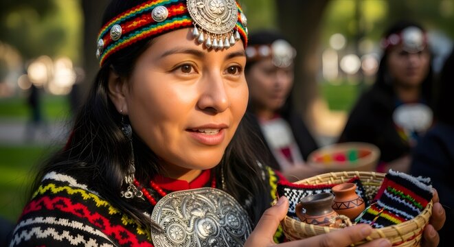 Mapuche woman displaying traditional crafts and indigenous culture
