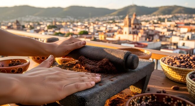Hands grinding cacao on metate stone in oaxaca