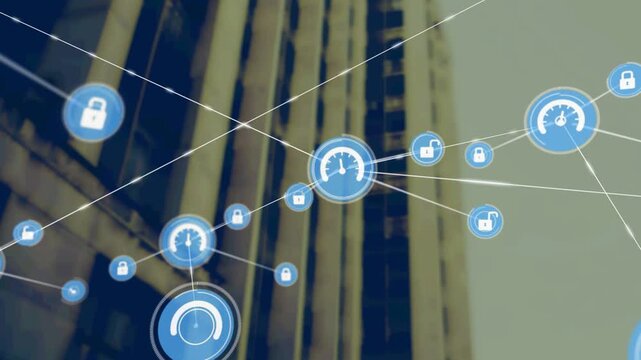 UI network expanding over office facade, triggered by data feed, showing security via gauges, locks