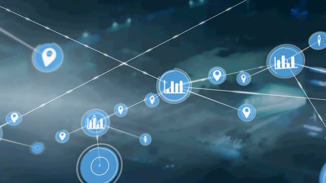 Central icon appearing, expanding, connecting analytics nodes and mapping network over foggy city