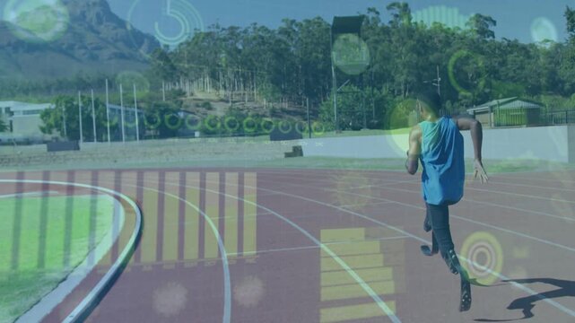 Teenage male runner pushing prosthetic blades into curve, sports training while HUD data updating