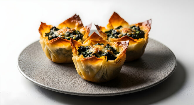 Spinach and cheese filo pastry cups on a plate