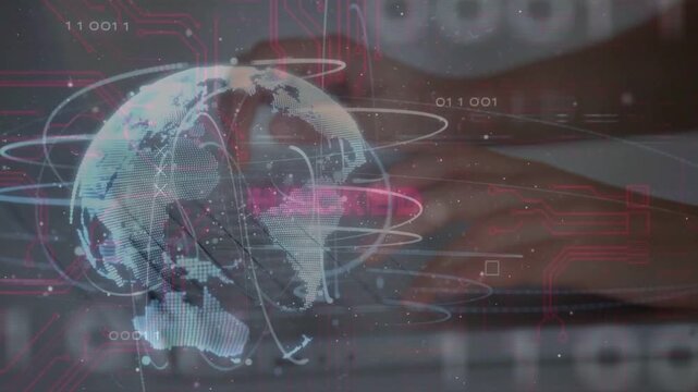 Hands typing starting 3D globe, orbit rings growing and HACKED text rising, showing cyber breach
