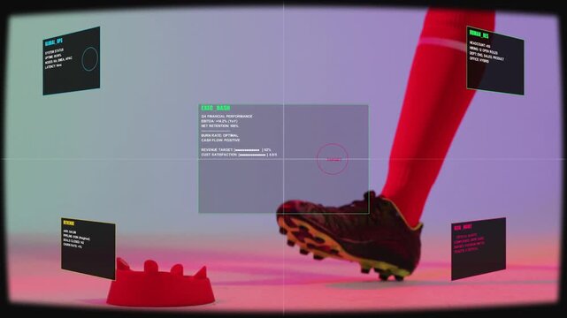 Leg entering from right initiating hands placing white ball on red tee, EXEC DASH guiding kick