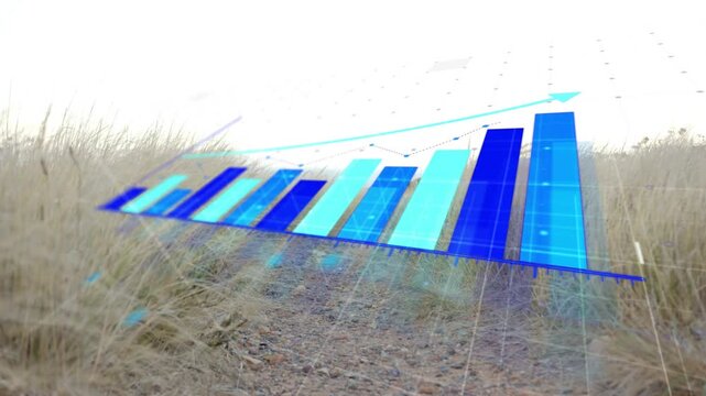 Vertical video: 3D bar chart rising from diagonal baseline, casting finance trend light onto dunes