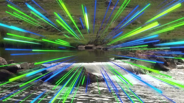 Small river flowing over center rock, neon streaks erupting at center, radiating out to accent bank