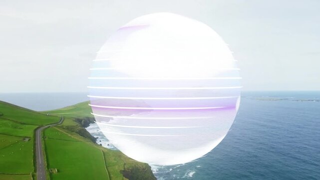 Orb appearing over cliffside, scanning coastline with pulsing scan lines for tech visualization