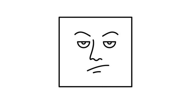 Square Face with Grumpy Expression, Minimalist Line Art, White Background