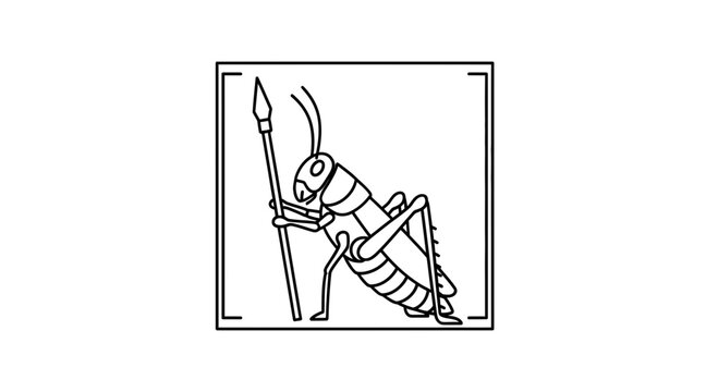 Stylized Grasshopper Warrior Holding Spear, Line Art Icon