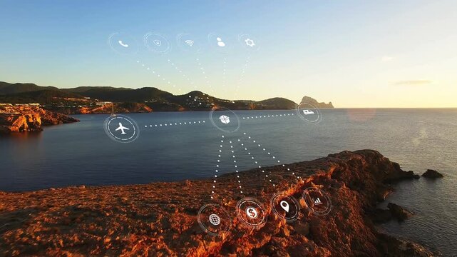 Drone hovering over rocky peninsula, central hub icon appearing and growing dotted travel network