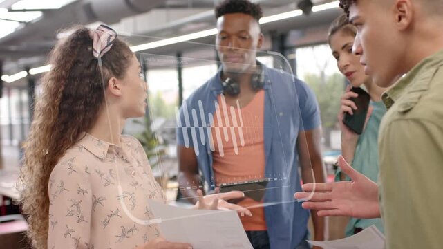Woman starting discussion pointing papers, aligning biz plan, team tablet, waveform aligning papers