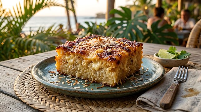 Venezuelan cheese topped cake slice on blue plate tropical outdoor daylight 
