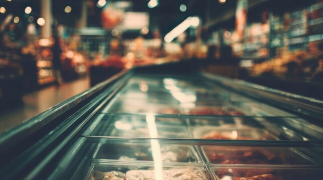An empty refrigerated display case in a retail store, showcasing a lack of products.