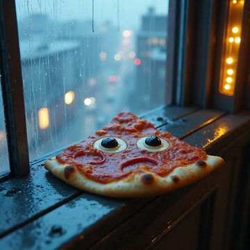 Real pizza with kawaii face toppings leaning rainy window night city boke