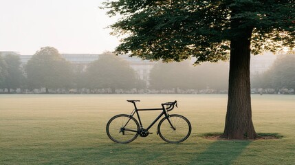 Fototapeta premium Bicycle parked under tree on green grass field in early morning with fog and soft sunlight in peaceful outdoor park landscape scene.