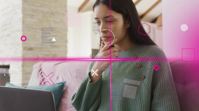 Woman getting call, alternating phone and laptop focus with pink overlays, processing business info