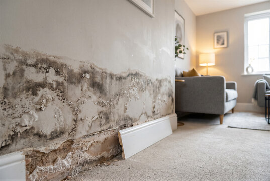 Severe damp and mold damage on a living room wall with detached skirting board, showing structural moisture issues and plaster deterioration