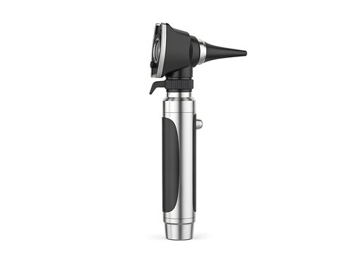 Medical otoscope black chrome handle diagnostic ear tool white background 