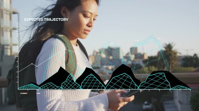 Woman tapping phone, starting HUD overlay and data graphs, walking bridge while checking route