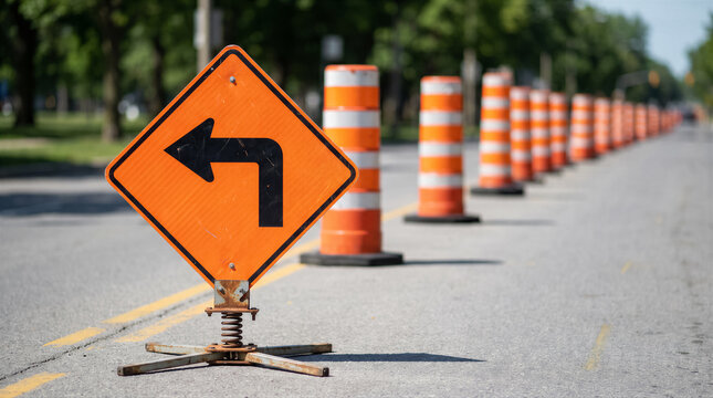 Road construction sign with a left turn arrow and orange traffic cones lining the street to guide vehicles through a work zone