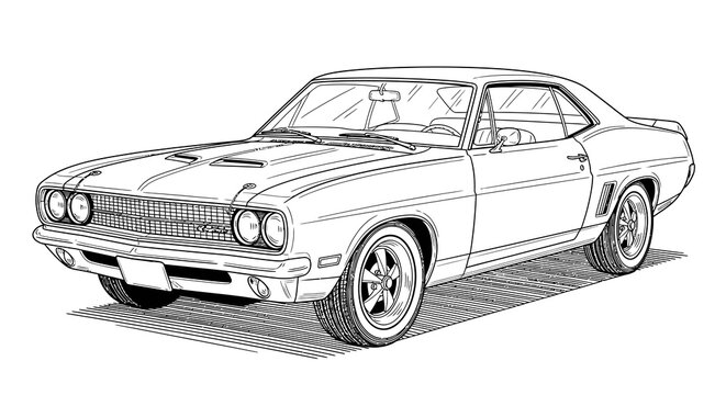 A vintage muscle car, specifically a Chevrolet Chevelle, is depicted in an illustration on a road.