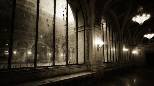 A Damaged Full-Length Mirror Reflecting the Gloomy Interior of a Deserted Grand Ballroom