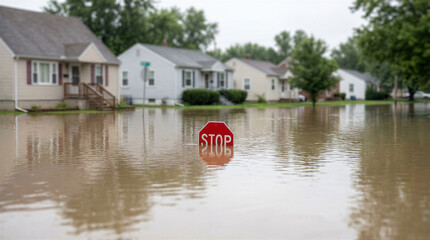 Naklejka premium Flooded residential street with a stop sign partially submerged in murky water in front of suburban houses after heavy rainfall