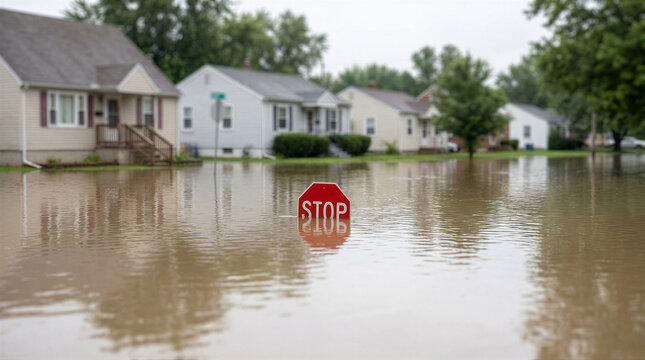 Flooded residential street with a stop sign partially submerged in murky water in front of suburban houses after heavy rainfall