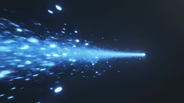 暗闇を左から右へ流れる幻想的で豪華な青い光の粒子とスパークのループアニメーション背景素材