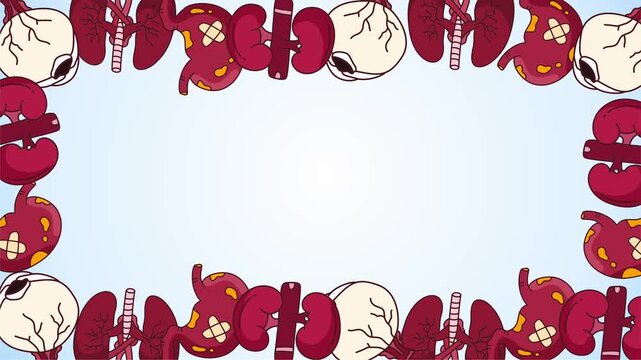 rectangular frame decorated with assorted human internal organs and bones