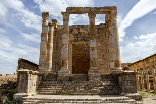 Grand staircase leading up to the Severan Temple fa&ccedil;ade at Dj&eacute;mila