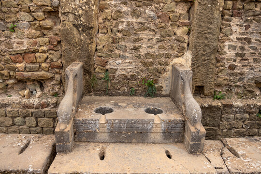 Roman public toilet with carved armrests at Timgad &mdash; advanced ancient plumbing