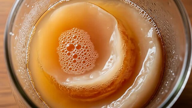 Top-down view of kombucha SCOBY floating in a glass jar on a wooden surface