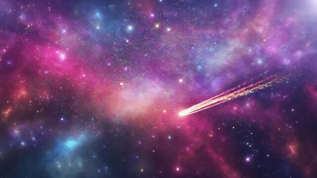 Abstract space animation with stars nebulas and meteor trail streaking across deep night sky background