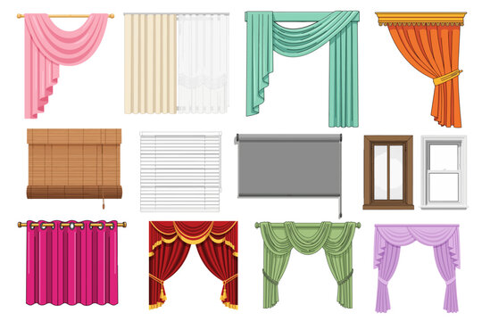 Curtain, Drapery, Window Treatment, Vector Icons, 12 Pieces, Interior Design Elements