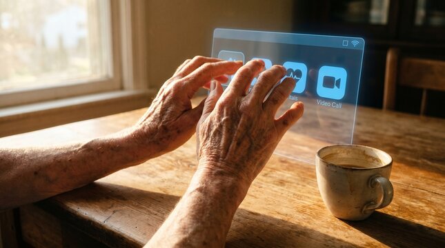An elderly man interacts with a smart home