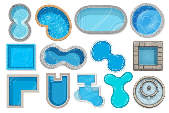 Swimming pool shapes, blue pool icons, vector graphics, 12 elements
