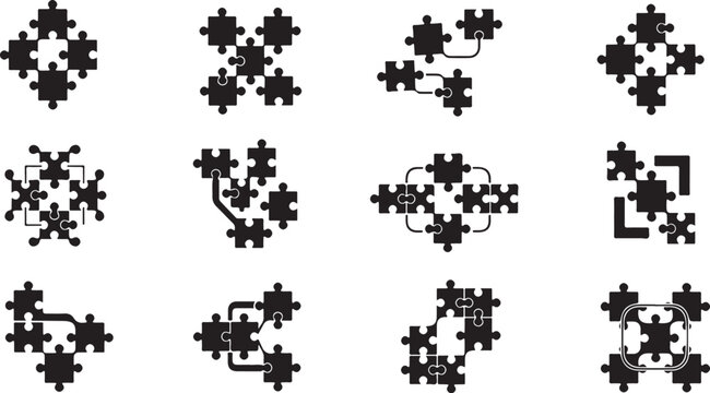 Collection of black puzzle pieces on white background