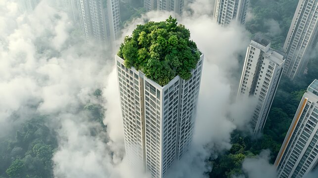 Towering Building Surrounded by Lush Greenery and Misty Cloudscape in Urban Jungle Scene