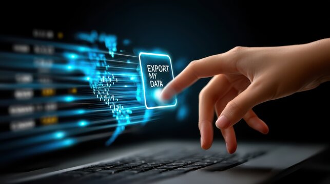 A hand reaches out to a glowing digital interface with the text "EXPORT MY DATA" above a laptop keyboard.