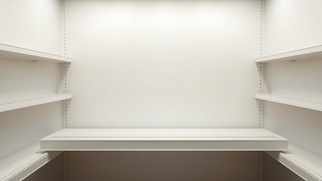 Empty white closet or storage room with shelves and a central shelf