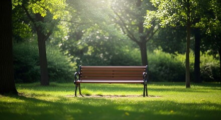 Fototapeta premium Empty Park Bench Bathed in Golden Sunlight Amidst Lush Greenery.