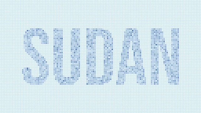 Sudan dotted map animation. Digital style shape of the country. Sudan shape and title dots appear with bulb flickering effect. Intro, outro, logo, title video.