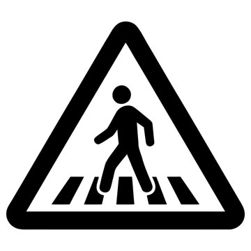 Modern vector illustration of a triangular pedestrian crossing traffic sign showing a stick figure walking across stripes meant for safe public road passage